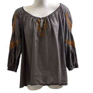 Floreat Anthropology Charcoal Peasant Blouse with Gold Embroidery size 4